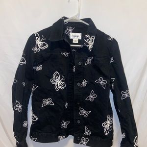 black jacket with white embroidered butterflies